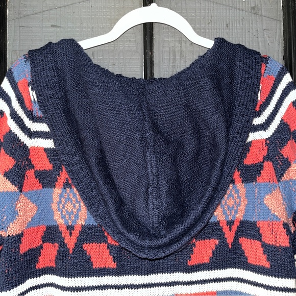 Lucky Brand cardigan sweater with hood, southwestern designs, navy and coral - Picture 5 of 11